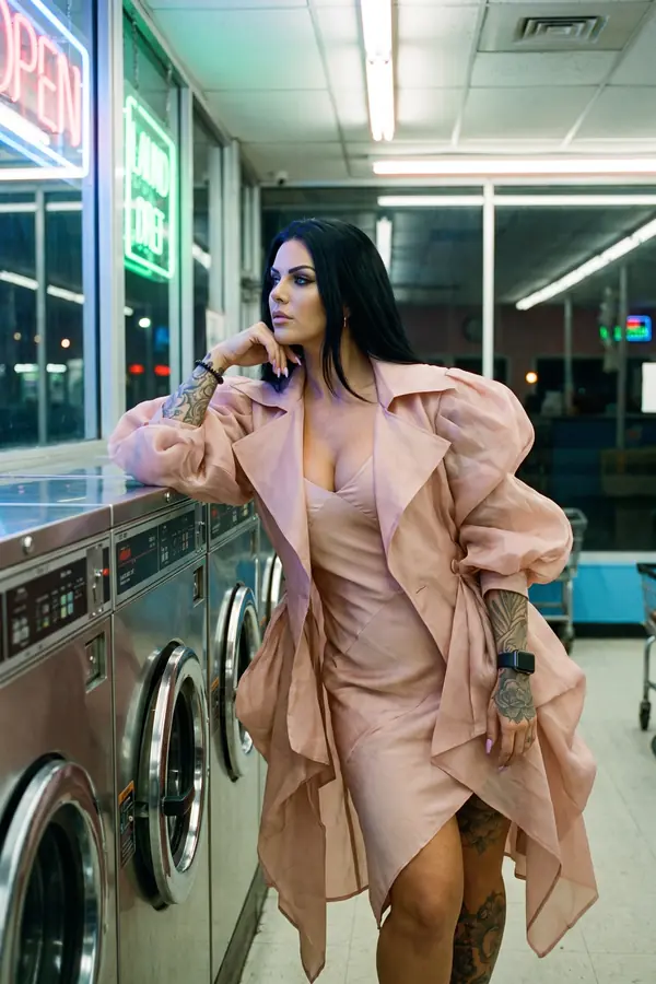 Woman in a blush organza puff-sleeve trench over a blush satin slip dress leaning on a washer in a laundromat at night