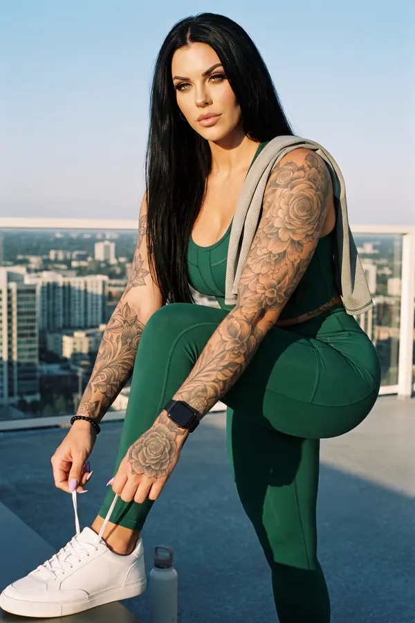Woman in a bottle-green seamed crop top and matching leggings tying a white leather trainer on a rooftop terrace