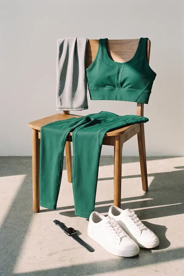 still life: Bottle-green seamed crop top and leggings, white trainers