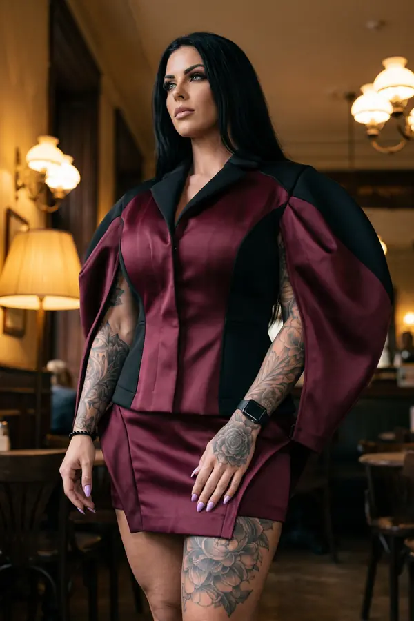 Woman in a burgundy and black satin jacket with cocoon sleeves and a matching mini skirt in a lamplit café