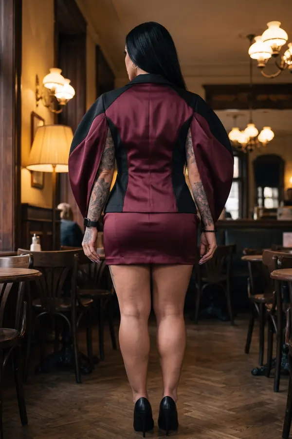 back & profile: Burgundy and black satin cape jacket with a mini skirt