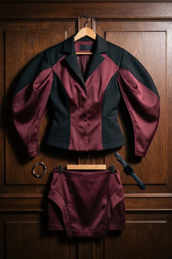 still life: Burgundy and black satin cape jacket with a mini skirt