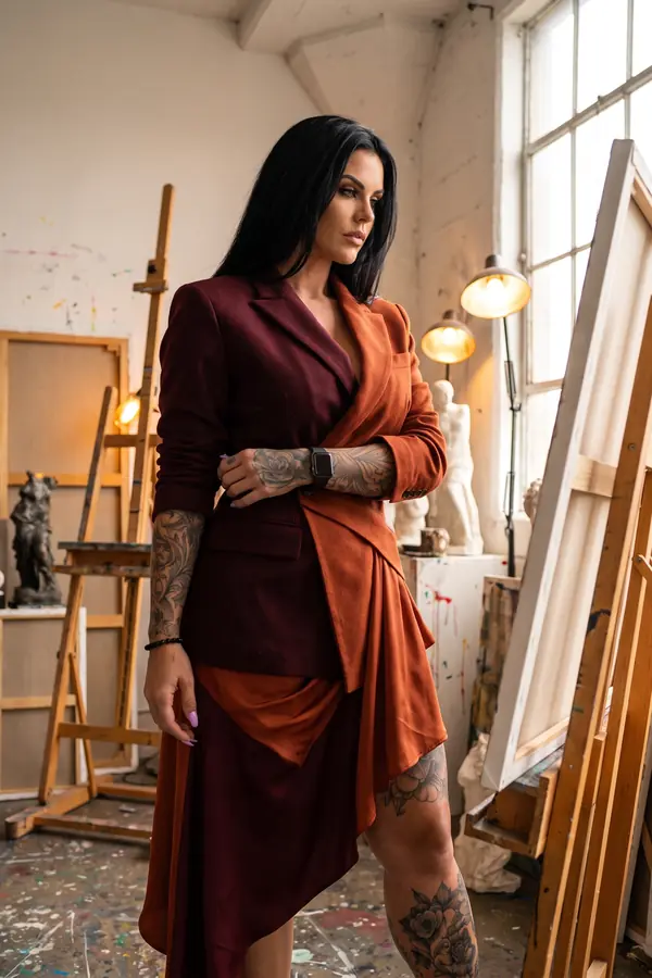 Woman in a burgundy and rust colour-block wool blazer with an asymmetric draped satin skirt in a painter's studio