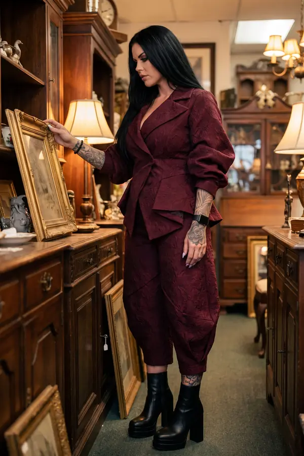 Woman in a burgundy brocade peplum blazer and cocoon cropped trousers with platform boots in an antique shop