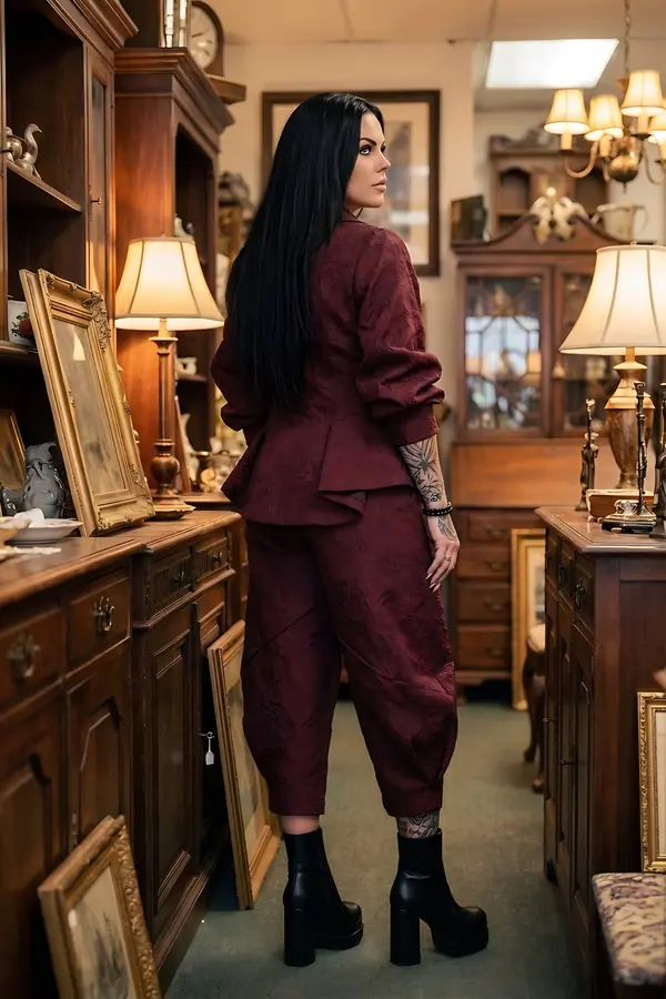 back & profile: Burgundy brocade blazer and cocoon cropped trousers
