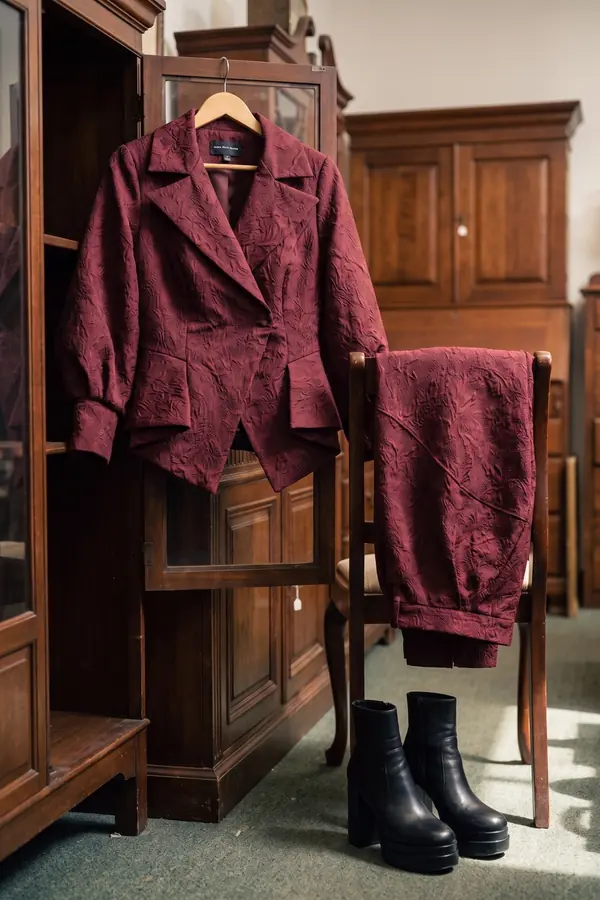 still life: Burgundy brocade blazer and cocoon cropped trousers