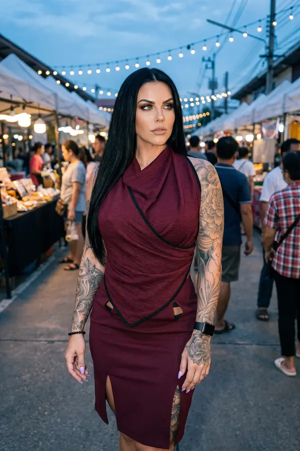 Woman in a burgundy crepe wrap top with black piping and a matching pencil skirt with front slits at a night market