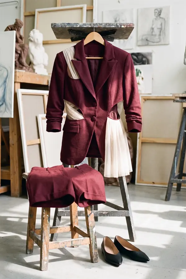 still life: Burgundy cut-out blazer with tulle sash and tailored shorts