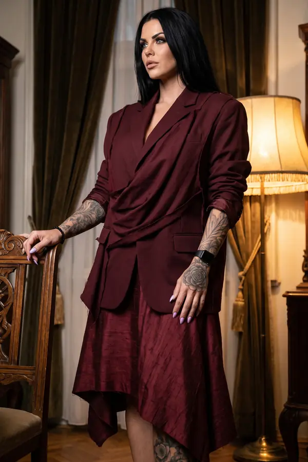 Woman in a burgundy deconstructed wool blazer and raw silk handkerchief-hem skirt, hand on a chair in a lamp-lit room