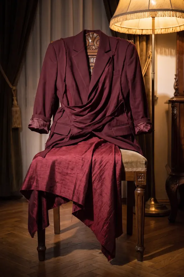 Woman in a burgundy deconstructed wool blazer and raw silk handkerchief-hem skirt, hand on a chair in a lamp-lit room