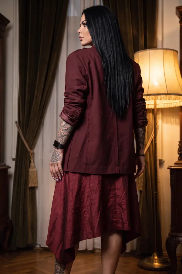 back & profile: Burgundy deconstructed blazer with raw silk midi skirt