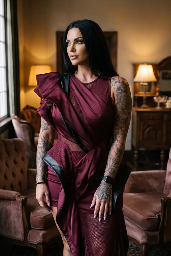 Woman in a burgundy draped satin and mesh dress with black leather trim standing in a parlour with pink velvet armchairs