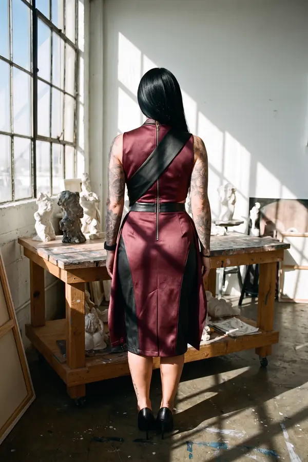 back & profile: Burgundy draped satin dress with black leather panels