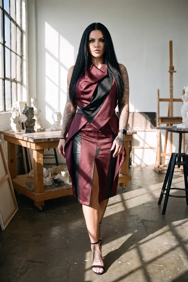 in motion: Burgundy draped satin dress with black leather panels