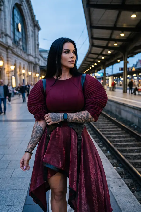 Woman in a burgundy fan-sleeve dress with a black leather strap belt and metallic handkerchief skirt on a station platform