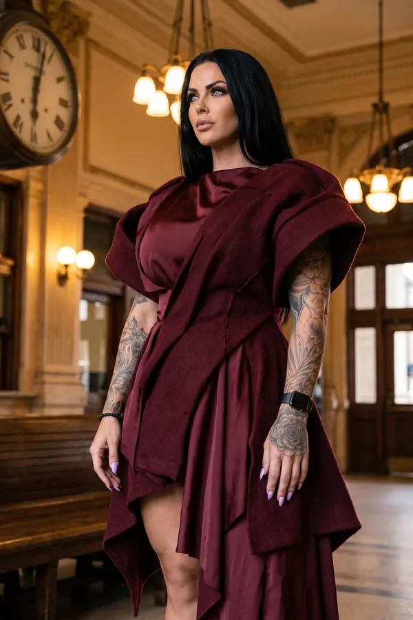 Woman in a burgundy felted wool tabard over a satin high-low gown standing in a station hall beneath a large clock