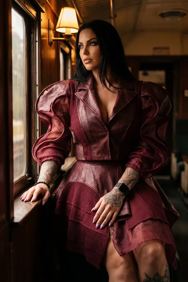 Woman in a burgundy leather, knit and organza mini dress with tiered puff sleeves seated by a train carriage window