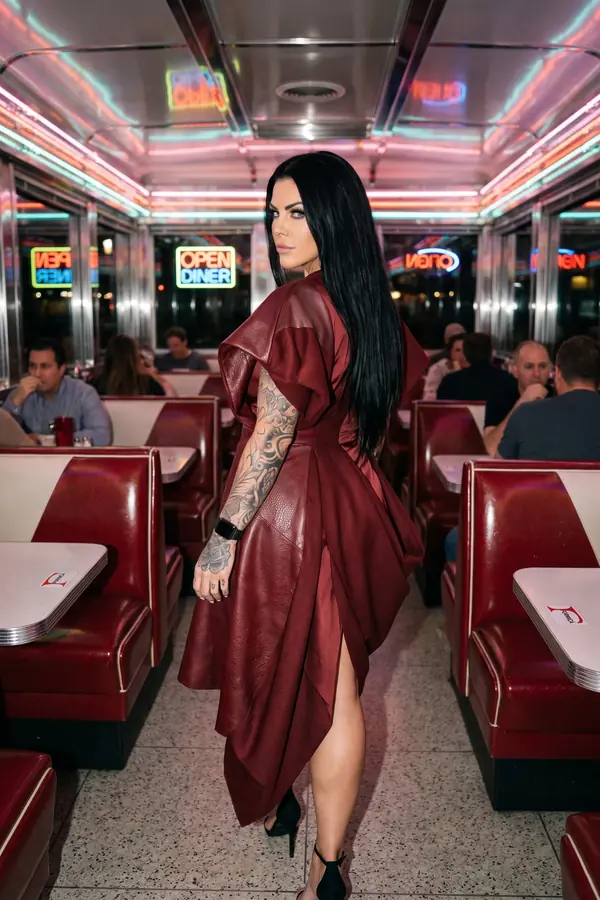 Woman seen from behind in a burgundy leather and satin draped dress with cape sleeves, walking between red diner booths