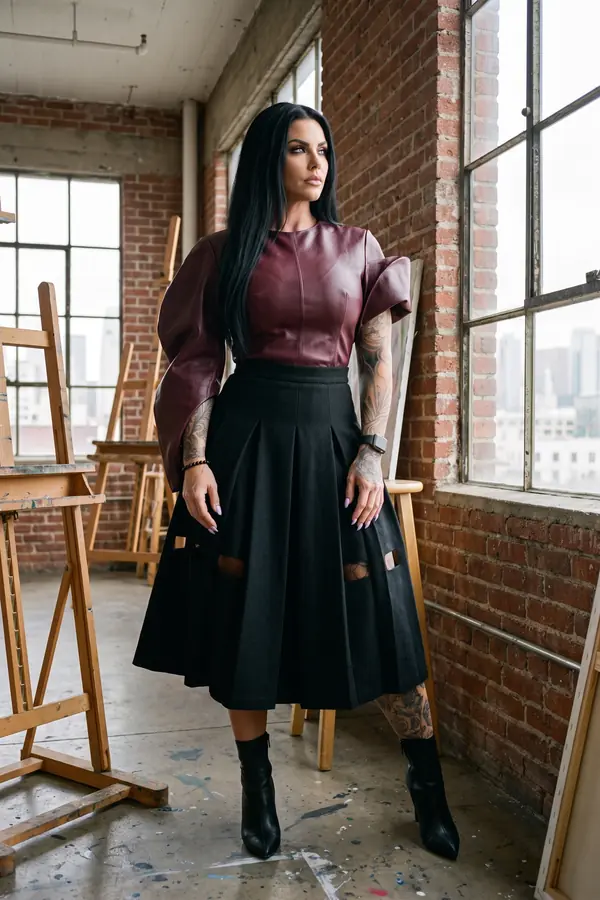Woman in a burgundy leather top with curved sleeves and a black pleated wool midi skirt in an artist studio