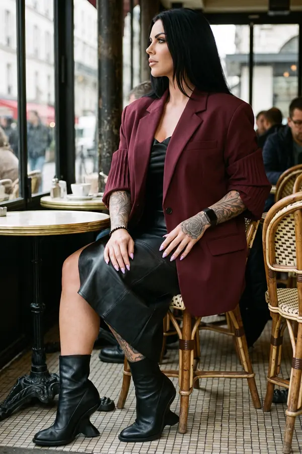 Woman in an oversized burgundy blazer, black satin camisole and black leather midi skirt seated at a Paris café table