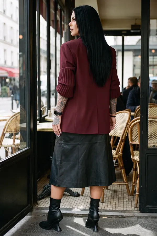 back & profile: Burgundy oversized blazer with a black leather midi skirt