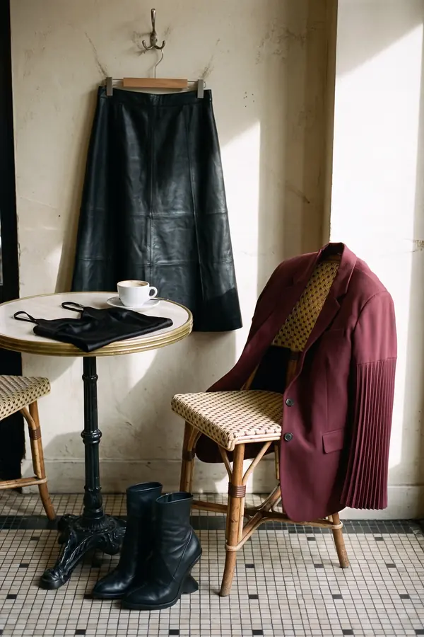 still life: Burgundy oversized blazer with a black leather midi skirt