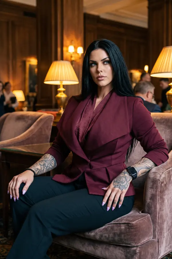 Woman seated in a velvet armchair in a hotel lounge wearing a fitted burgundy peplum blazer, satin blouse and black trousers