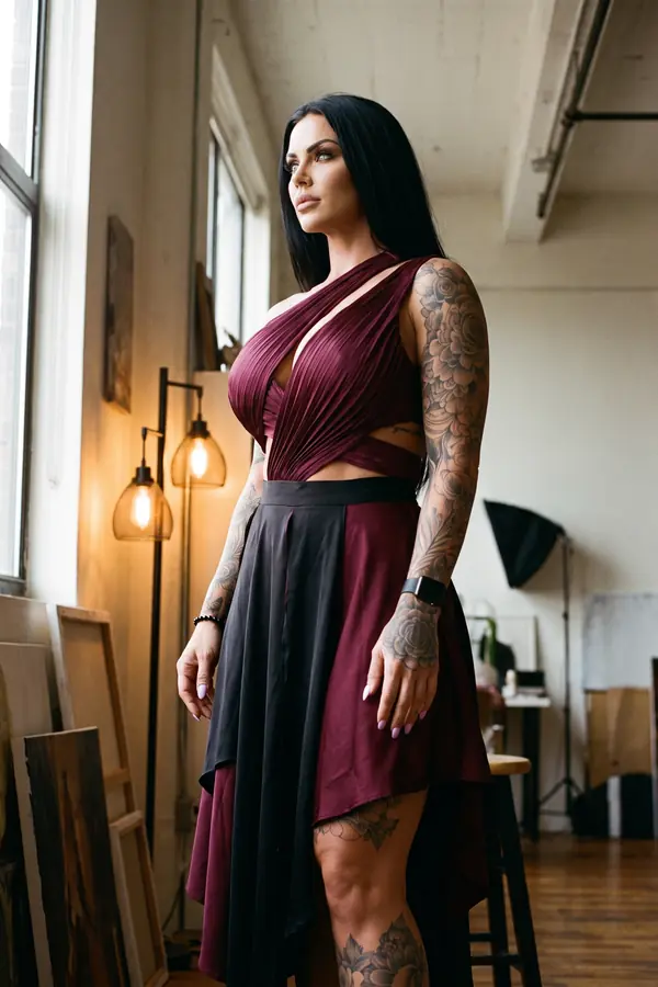 Woman in a burgundy pleated crossover top and a black and burgundy satin handkerchief skirt in a loft studio by a window