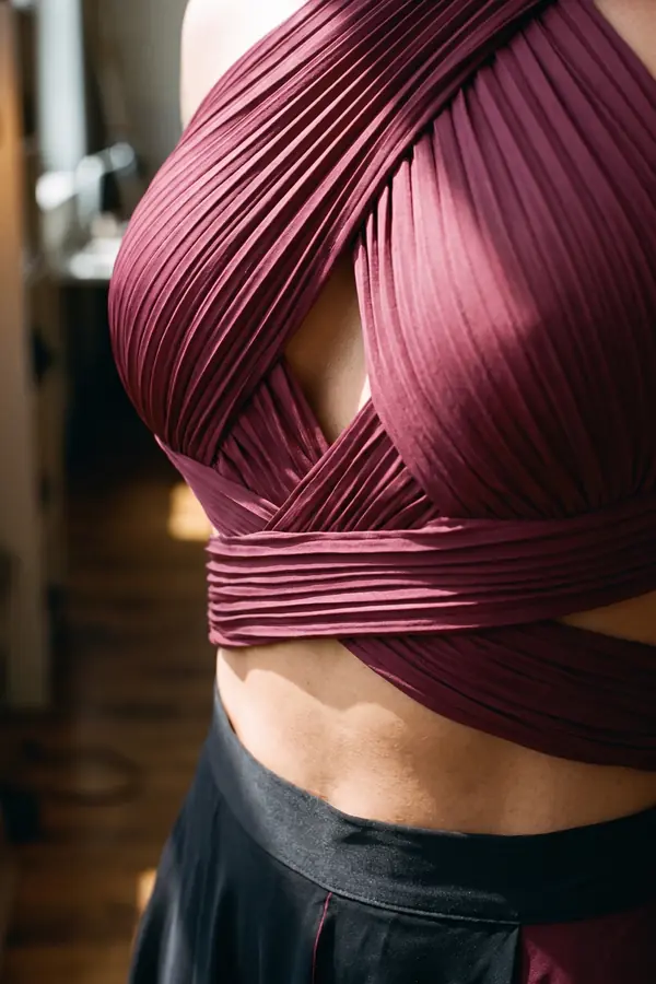 detail: Burgundy pleated crossover top and colour-block satin skirt