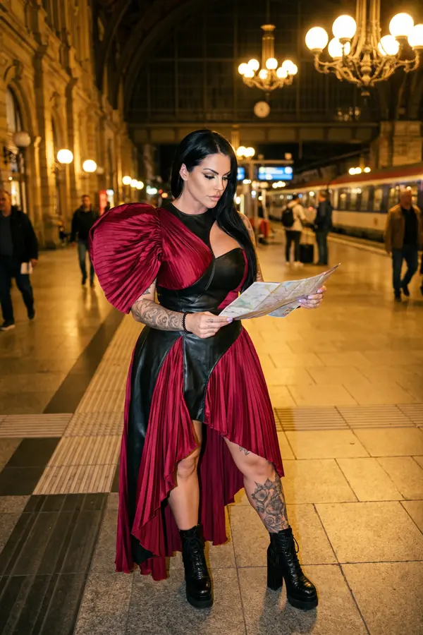 Woman in a burgundy pleated satin and black leather dress with one large puff sleeve reading a map in a station at night