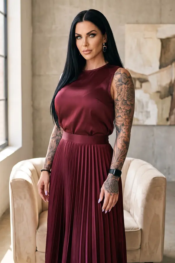 Woman in a burgundy pleated satin gown with black leather bodice straps standing in a concrete loft