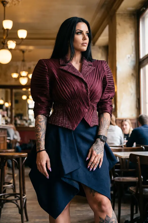 Woman with long black hair in a burgundy pleated satin jacket and navy wrap skirt standing in an old café
