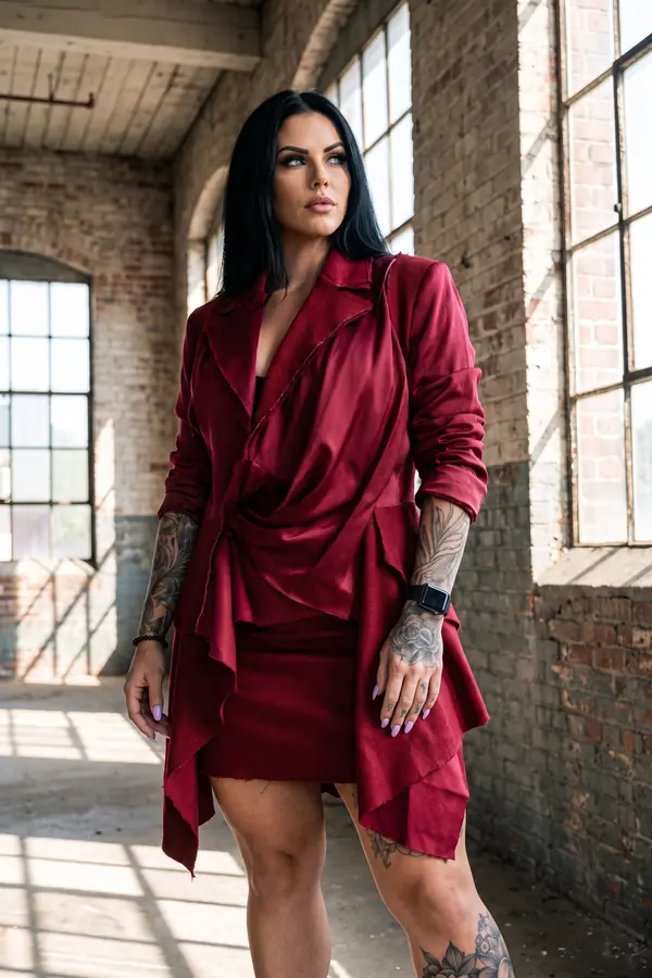 Woman in a burgundy raw-edge satin jacket and matching wool mini skirt in a sunlit brick warehouse