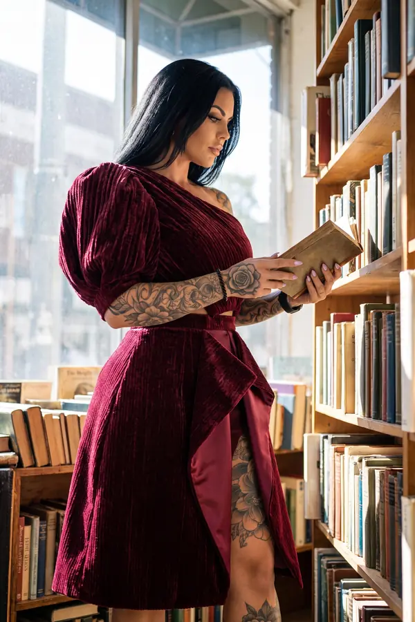 Woman in a burgundy ribbed velvet one-shoulder top and velvet wrap skirt with satin panel reading in a sunlit bookshop