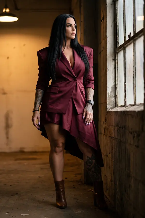 Woman in a burgundy satin double-breasted blazer dress with an asymmetric hem and cognac ankle boots in an empty warehouse
