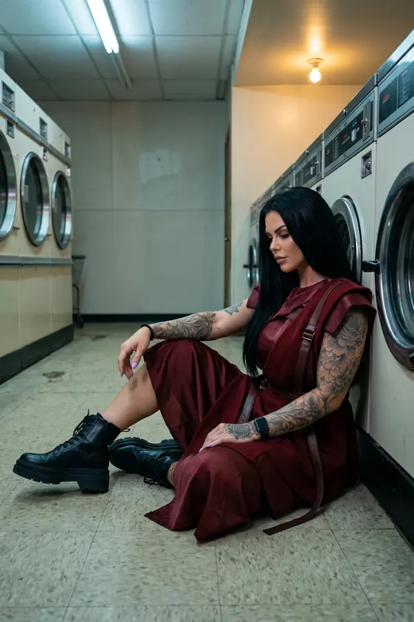 Woman in a burgundy satin midi dress with a wool overlay and leather straps, sitting on the floor of a laundromat