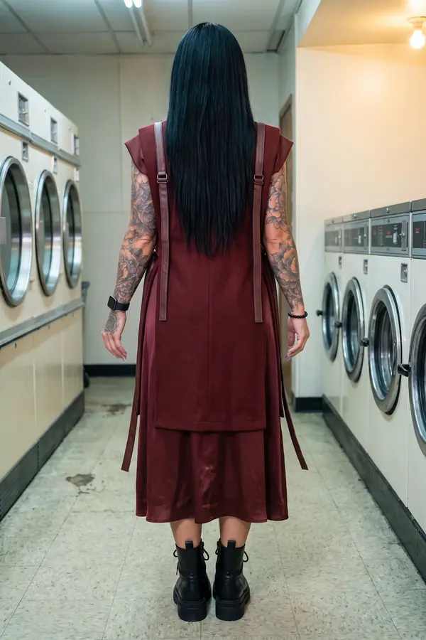 back & profile: Burgundy satin dress with a wool overlay and leather straps
