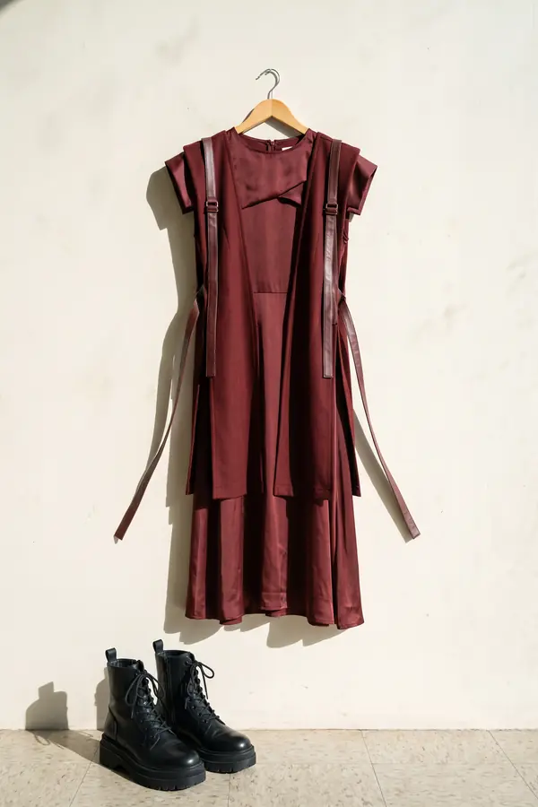 still life: Burgundy satin dress with a wool overlay and leather straps