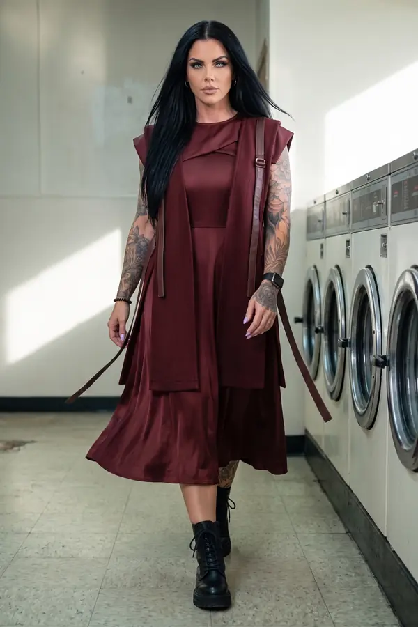 in motion: Burgundy satin dress with a wool overlay and leather straps