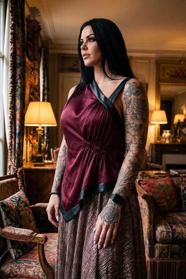 Woman in a burgundy satin halter top with black leather trim and a bronze pleated maxi skirt in a lamplit salon