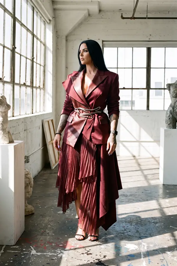 Woman in a burgundy blazer with satin lapels, a silver belt and a pleated chiffon skirt in a sunlit sculpture studio