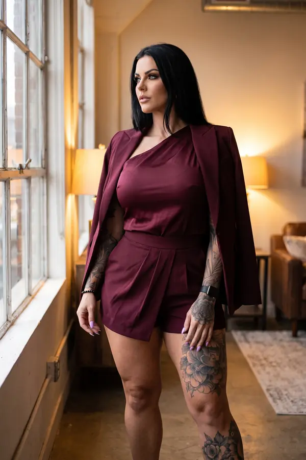 Woman in a burgundy satin one-shoulder top, pleated burgundy skort and a matching blazer on her shoulders by a loft window