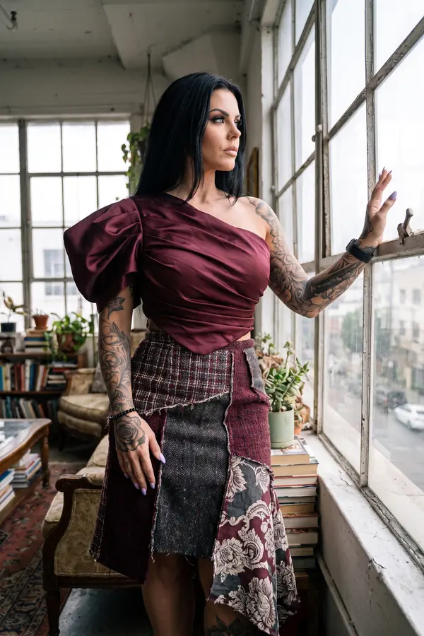 Woman in a burgundy satin one-shoulder puff-sleeve top and a patchwork tweed and brocade skirt at a loft window
