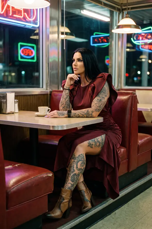 Woman in a burgundy satin midi dress with ruffled shoulders and cognac ankle boots seated in a red diner booth