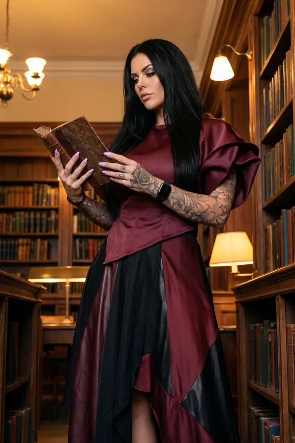 Woman in a burgundy satin top with a ruffled sleeve and a burgundy and black patchwork maxi skirt reading in a library