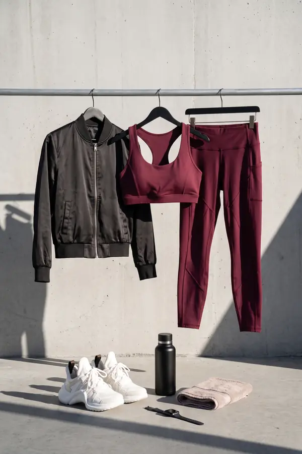 still life: Burgundy sports top and leggings under a black satin bomber