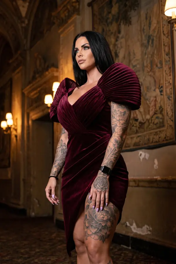 Woman in a burgundy velvet wrap dress with pleated puff sleeves in a palazzo corridor with tapestries