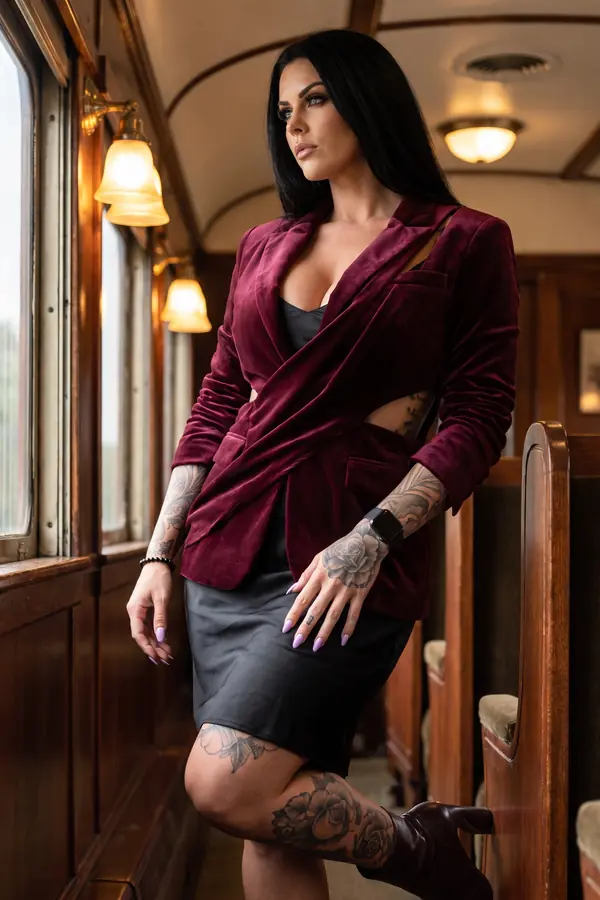 Woman in a burgundy velvet wrap blazer, black satin slip dress and leather ankle boots in a vintage train carriage