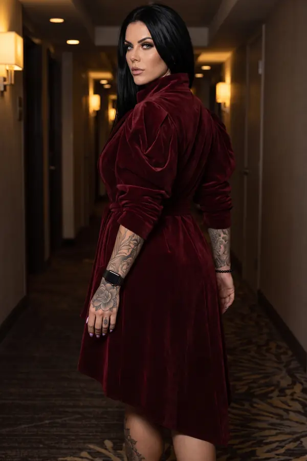 Woman seen from behind in a burgundy velvet wrap dress with a stand collar, looking over her shoulder in a hotel corridor