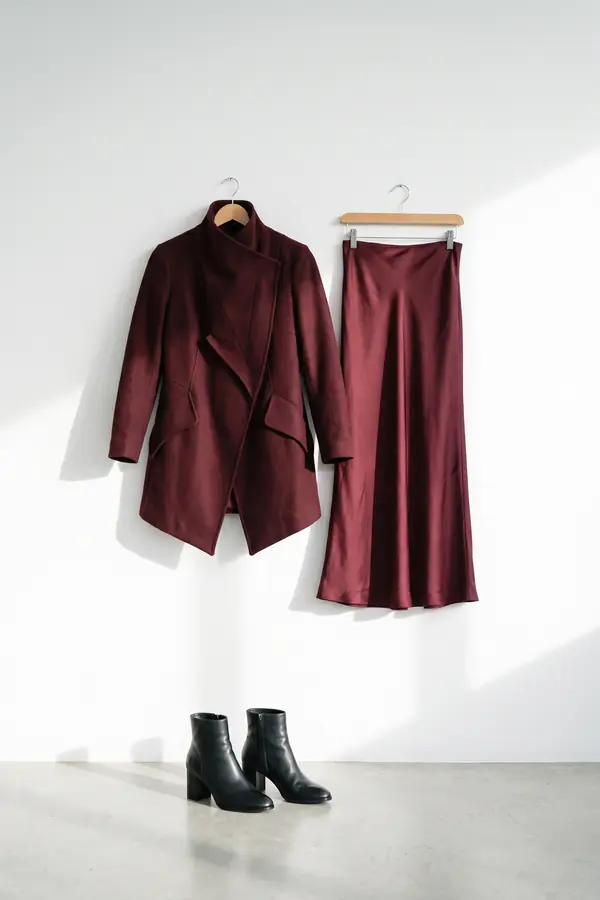 still life: Burgundy wool asymmetric coat over a satin midi skirt
